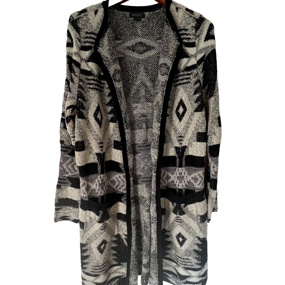 Lucky Brand Sweater Open Cardigan Long Sleeved Pockets Black Tan Knit Aztec